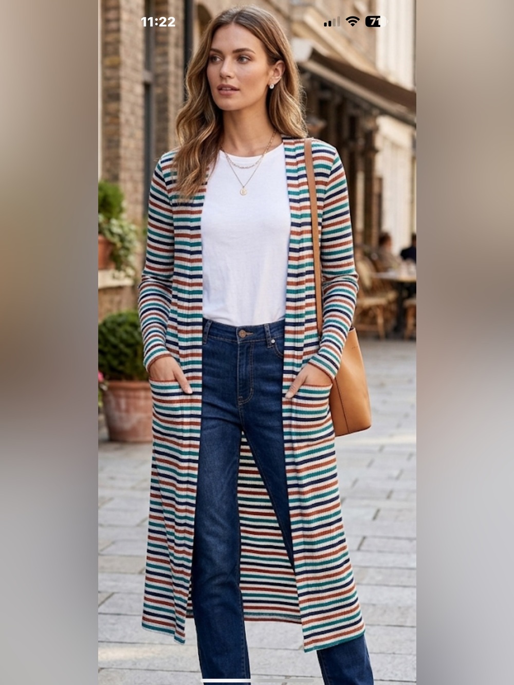Evereve Striped Open-Front Long Cardigan in Teal, Rust, Navy, Cream NWT 18” PTP